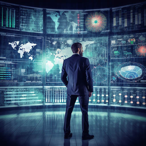 a person in a suit standing in front of a computer screen