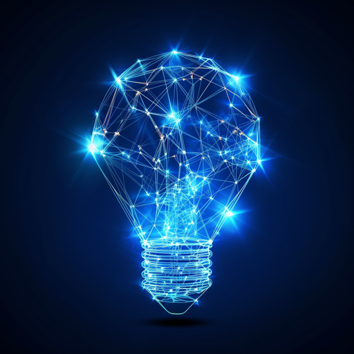 an abstract light bulb with glowing lines and dots on a dark background