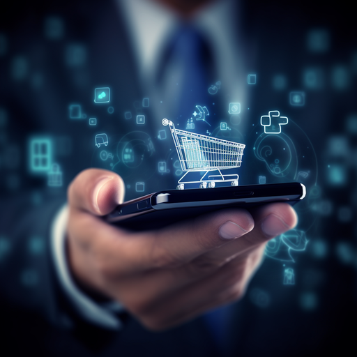 A person in a business suit holding a smartphone with a shopping cart icon on the screen.